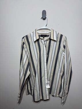 Foxcroft Vertical Stripe Button-Down Shirt in Cream and Black
